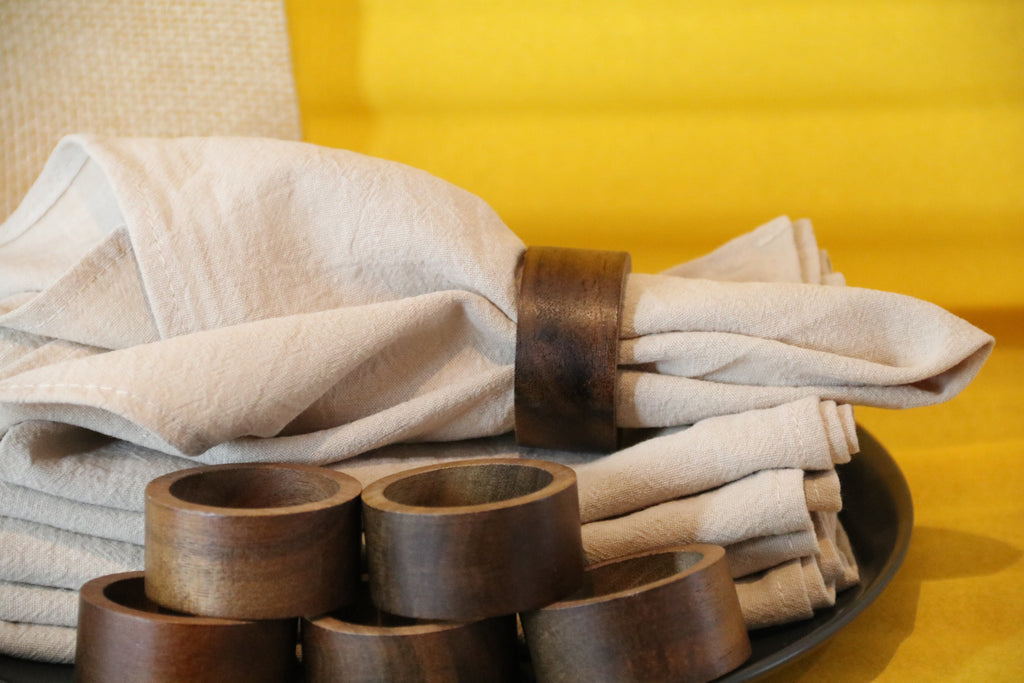 Linen Napkin Set “Wood Harmony” — 6 Linen Napkins with Wooden Ring