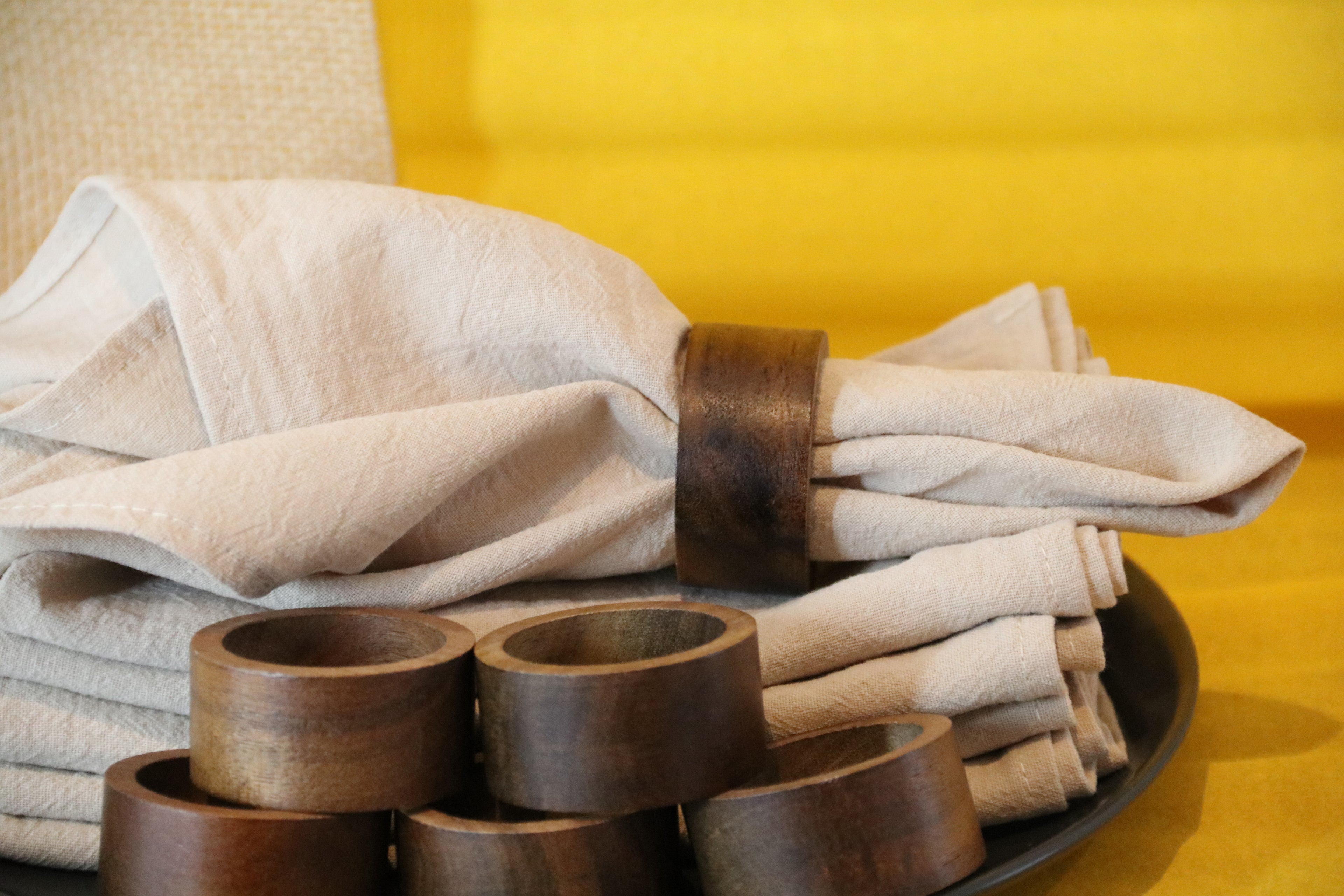 Linen Napkin Set “Wood Harmony” — 6 Linen Napkins with Wooden Ring