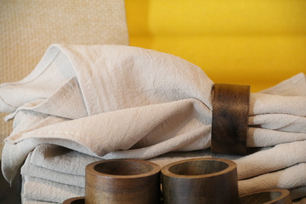 Linen Napkin Set “Wood Harmony” — 6 Linen Napkins with Wooden Ring