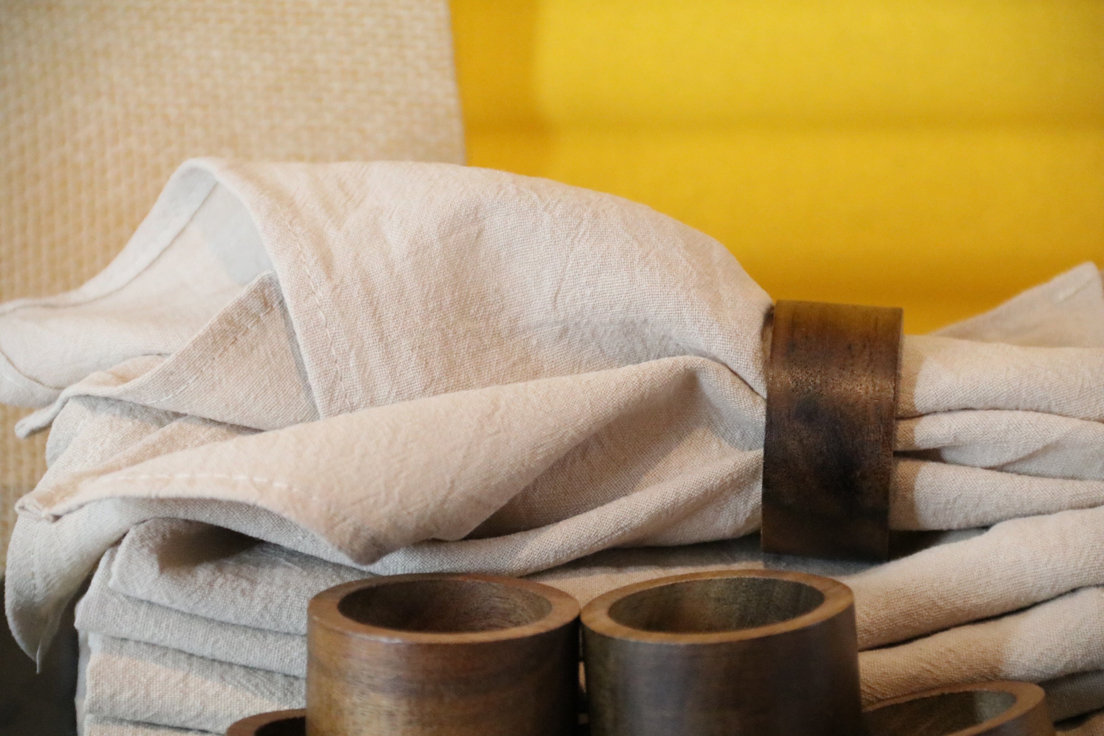 Linen Napkin Set “Wood Harmony” — 6 Linen Napkins with Wooden Ring