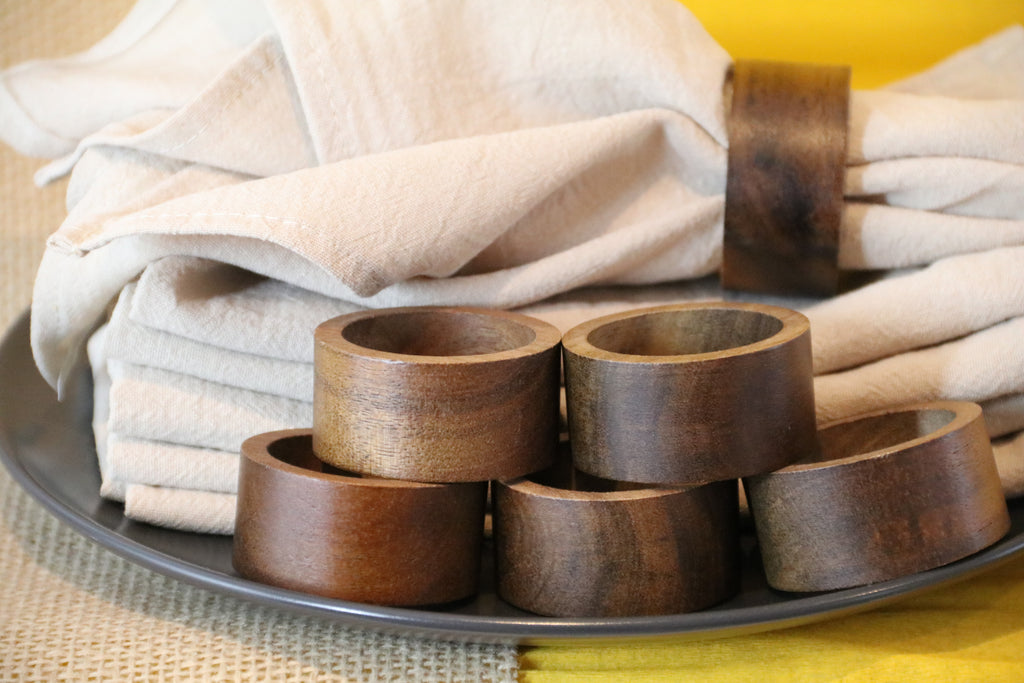 Linen Napkin Set “Wood Harmony” — 6 Linen Napkins with Wooden Ring
