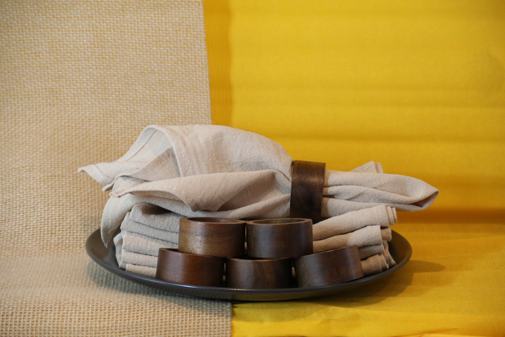 Linen Napkin Set “Wood Harmony” — 6 Linen Napkins with Wooden Ring