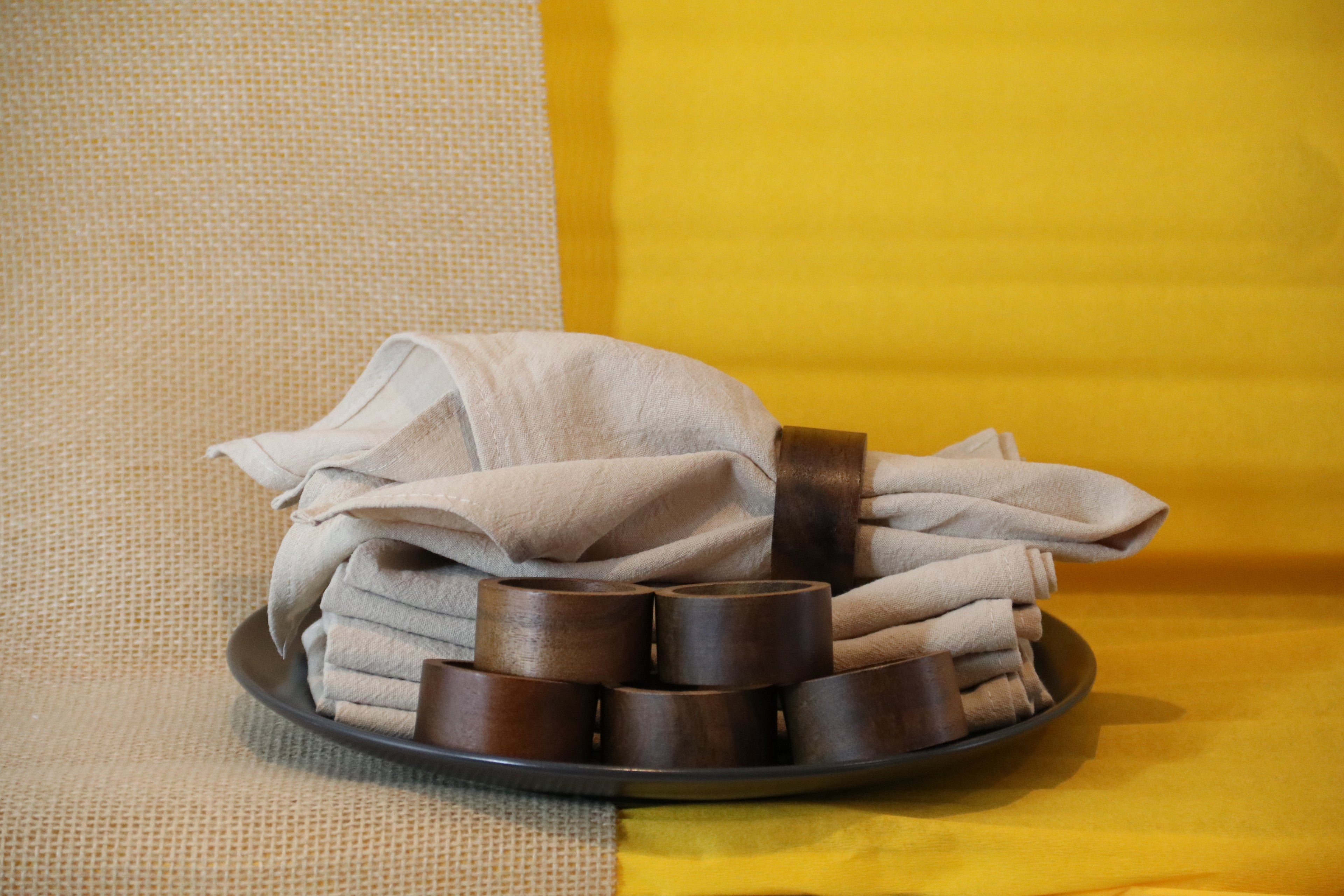 Linen Napkin Set “Wood Harmony” — 6 Linen Napkins with Wooden Ring