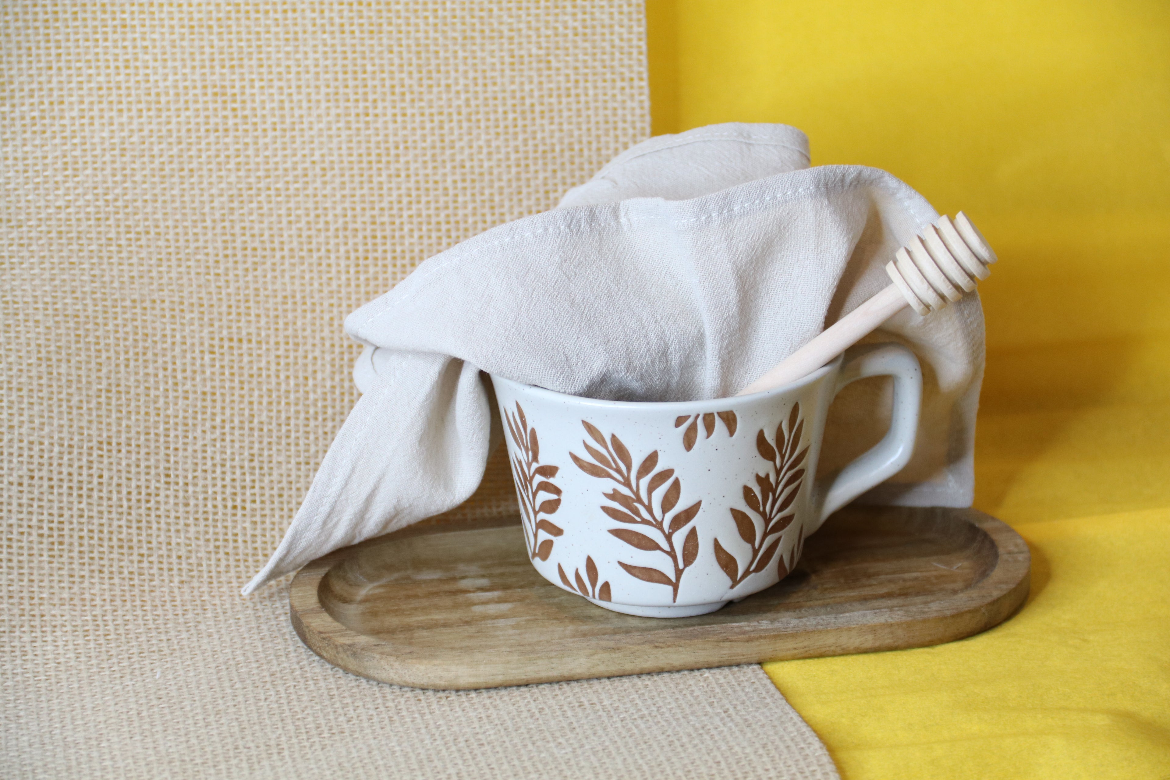 Natural Tea Time Set — Ceramic Cup, Wooden Honey Dipper, Linen Napkin & Wooden Tray