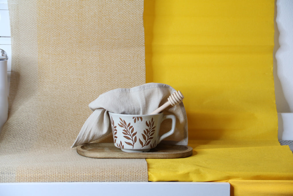 Natural Tea Time Set — Ceramic Cup, Wooden Honey Dipper, Linen Napkin & Wooden Tray
