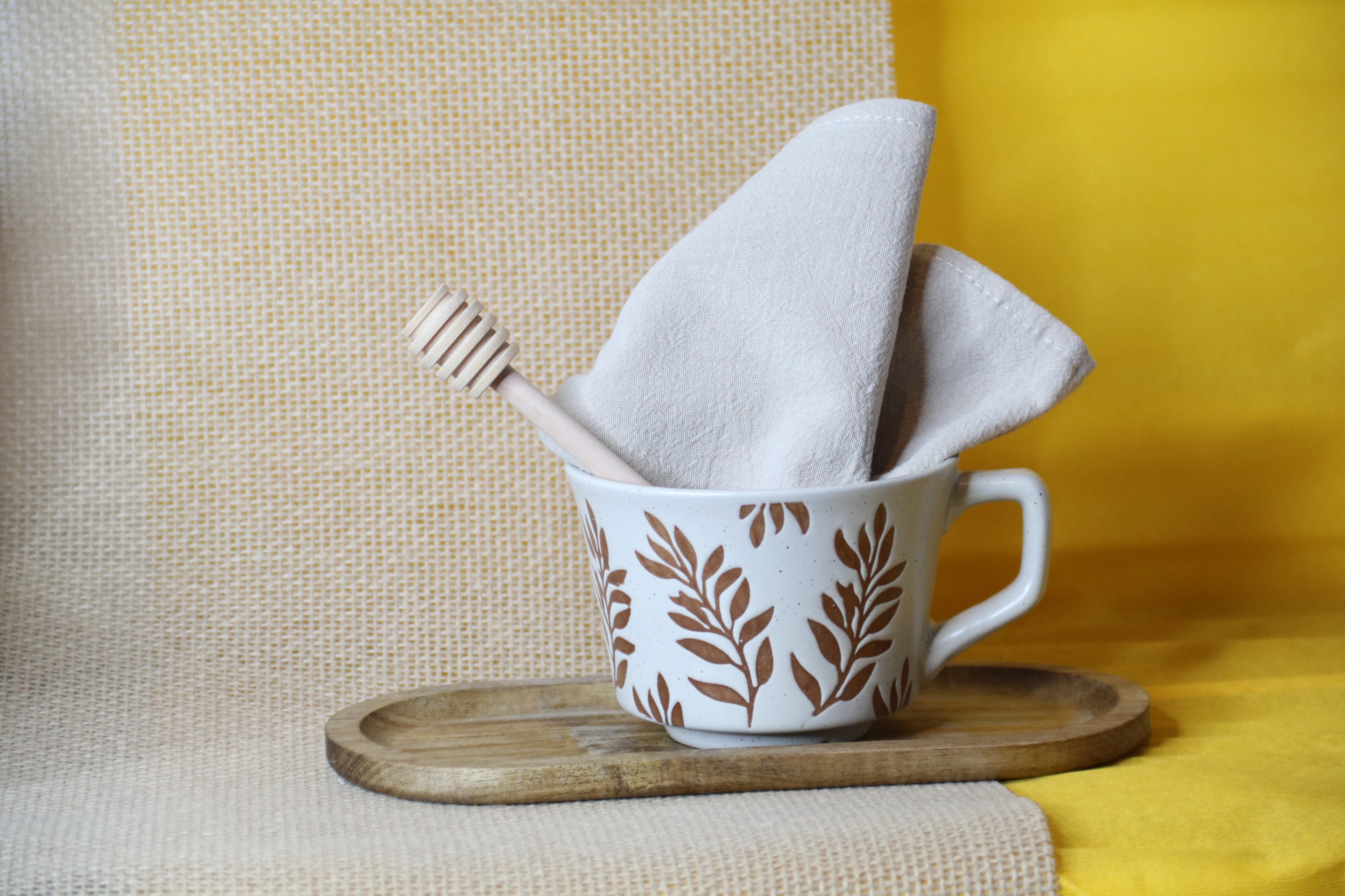 Natural Tea Time Set — Ceramic Cup, Wooden Honey Dipper, Linen Napkin & Wooden Tray