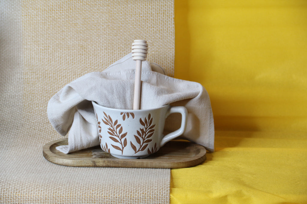 Natural Tea Time Set — Ceramic Cup, Wooden Honey Dipper, Linen Napkin & Wooden Tray